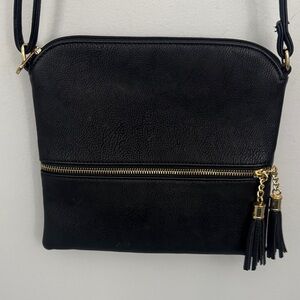 Classic Black Tassel Crossbody Bag with Gold Accent